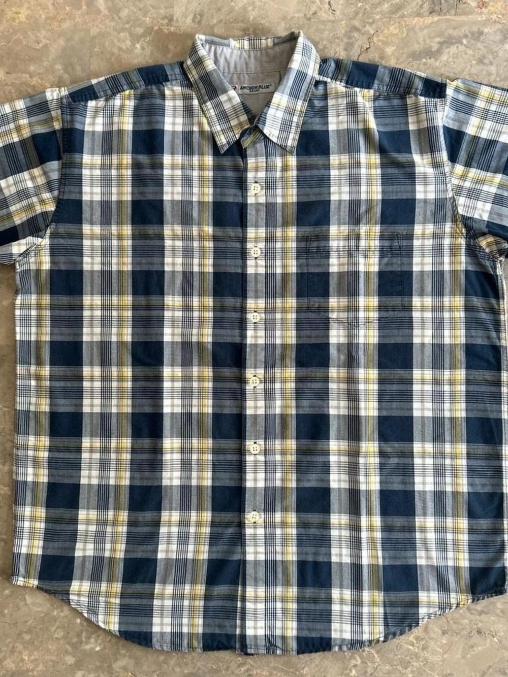 Vintage 2000s Anchor Blue Plaid Button Up Shirt XL Blue Yellow Short Sleeve